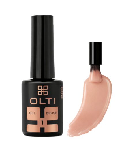 OLTI gel brush nail polish bottle with a peach-nude gel swatch beside it