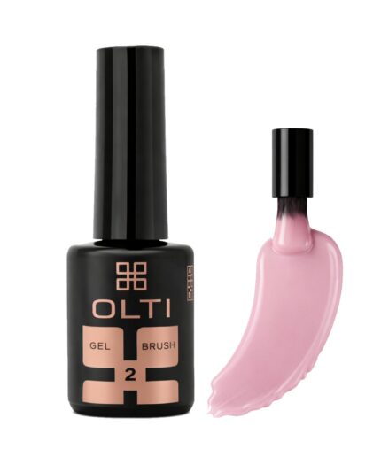 OLTI gel brush bottle with pink gel swatch beside it for manicure product.