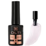 Black OLTI Gel Brush 3 nail polish bottle with rose-gold label, beside a pink gel brush swatch