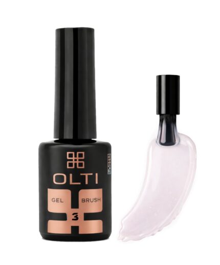 Black OLTI Gel Brush 3 nail polish bottle with rose-gold label, beside a pink gel brush swatch