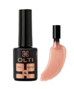 Black OLTI Gel Brush 4 nail polish bottle with a peach gel swatch beside it for comparison/color reference.