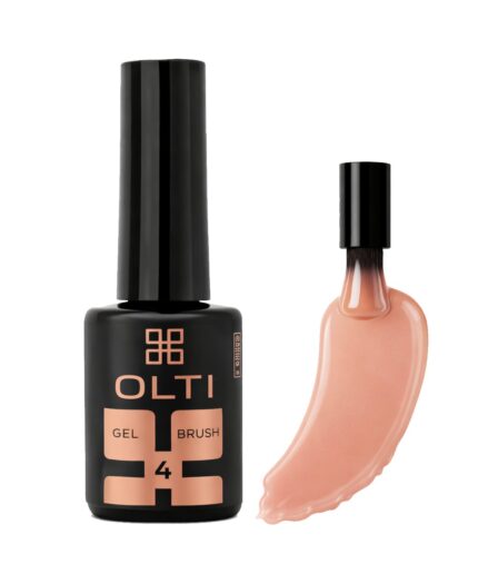 Black OLTI Gel Brush 4 nail polish bottle with a peach gel swatch beside it for comparison/color reference.