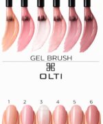 Six gel nail polish swatches in peach to rose tones shown as brush strokes above a row of manicured nails labeled 1–6, with OLTI branding in the center.