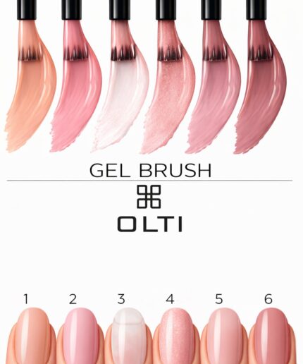 Six gel nail polish swatches in peach to rose tones shown as brush strokes above a row of manicured nails labeled 1–6, with OLTI branding in the center.