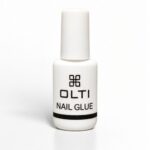 White nail-glue bottle with a tall cap; front label reads 'OLTI NAIL GLUE'
