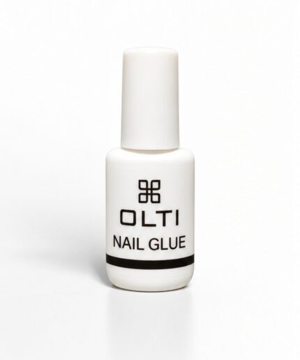 White nail-glue bottle with a tall cap; front label reads 'OLTI NAIL GLUE'