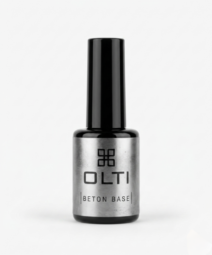 Bottle of OLTI Beton Base nail polish with a tall black cap and metallic label, centered on a white background.
