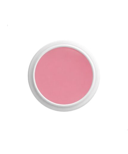 Top-down view of a white round cosmetic jar filled with pink cream.