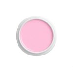 Round pink cosmetic jar with pale pink gel inside and a white rim on a white background