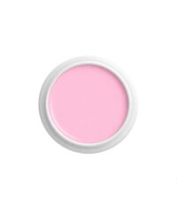 Round pink cosmetic jar with pale pink gel inside and a white rim on a white background