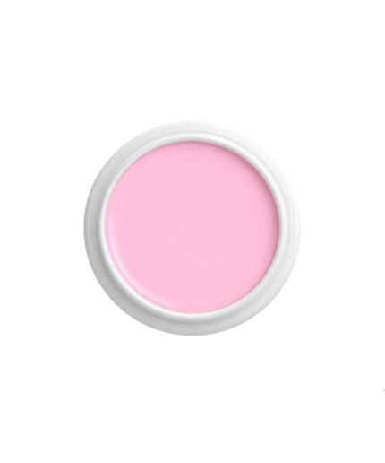 Round pink cosmetic jar with pale pink gel inside and a white rim on a white background