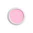 Round pink cosmetic jar with pale pink gel inside and a white rim on a white background