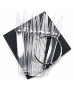 Clear plastic pipettes fanned out on a dark square background, with a silver circular ring resting over them.