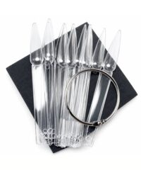 Clear plastic pipettes fanned out on a dark square background, with a silver circular ring resting over them.