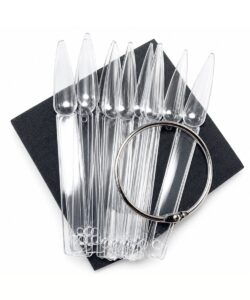 Clear plastic pipettes fanned out on a dark square background, with a silver circular ring resting over them.