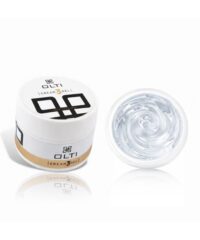 Open jar of OLTI Cream Gel with swirled translucent grey gel beside its white container and lid.