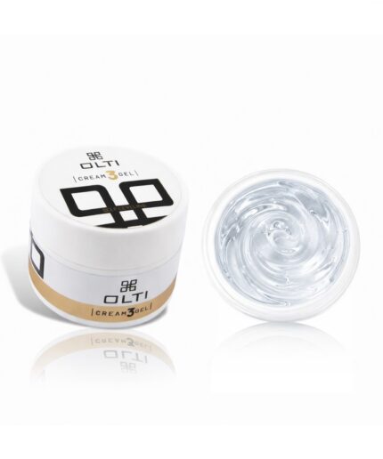 Open jar of OLTI Cream Gel with swirled translucent grey gel beside its white container and lid.
