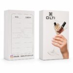 OLTI nail product boxes: front box shows a hand holding a champagne glass filled with pearls and lipstick, with OLTI logo; back box features a dotted label area and OLTI branding.