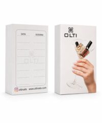 OLTI nail product boxes: front box shows a hand holding a champagne glass filled with pearls and lipstick, with OLTI logo; back box features a dotted label area and OLTI branding.