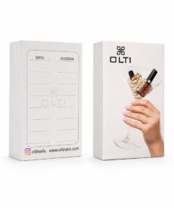 OLTI nail product boxes: front box shows a hand holding a champagne glass filled with pearls and lipstick, with OLTI logo; back box features a dotted label area and OLTI branding.