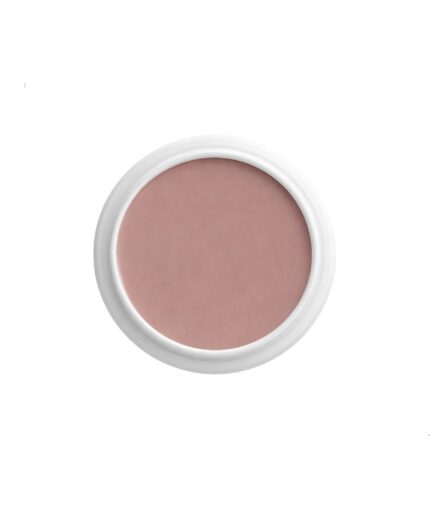 Round white compact containing dusty pink blush, viewed from above (top-down cosmetic photo)