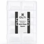Transparent plastic storage case with multiple small compartments for nail forms; label reads OLTI Dolne formy Dual Form Salon Shape Square (120 pcs).