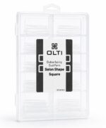 Transparent plastic storage case with multiple small compartments for nail forms; label reads OLTI Dolne formy Dual Form Salon Shape Square (120 pcs).