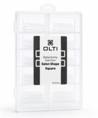 Transparent plastic storage case with multiple small compartments for nail forms; label reads OLTI Dolne formy Dual Form Salon Shape Square (120 pcs).