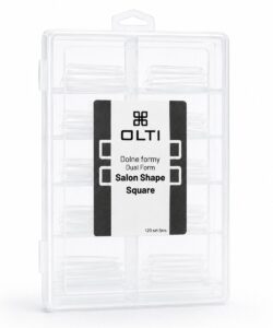 Transparent plastic storage case with multiple small compartments for nail forms; label reads OLTI Dolne formy Dual Form Salon Shape Square (120 pcs).
