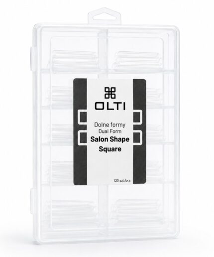 Transparent plastic storage case with multiple small compartments for nail forms; label reads OLTI Dolne formy Dual Form Salon Shape Square (120 pcs).