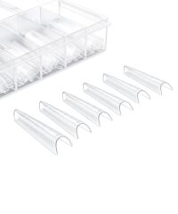 Clear plastic pill organizer with divided compartments and six detachable curved sleeves laid out nearby
