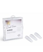 Clear plastic case labeled "Dual Form Almond" with three almond-shaped nail form tips outside the case—nail extension kit.