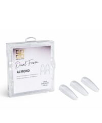 Clear plastic case labeled "Dual Form Almond" with three almond-shaped nail form tips outside the case—nail extension kit.
