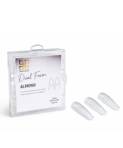 Clear plastic case labeled "Dual Form Almond" with three almond-shaped nail form tips outside the case—nail extension kit.