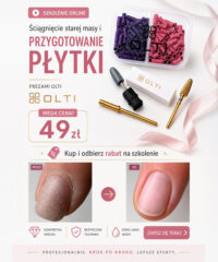 Promotional poster for an online nail training course featuring a nail drill kit, containers of colorful nail tips, and a prominent 49 zł price tag.