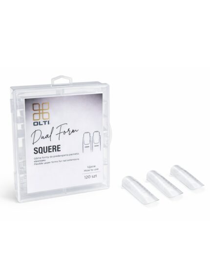 Clear plastic case labeled OLTI Dual Form Square nail forms with three clear nail form extensions laid beside it; 120 pieces inside.