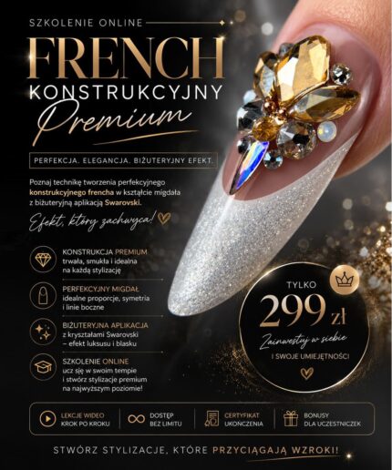 Promotional poster for an online nail design course 'French Konstrukcyjny Premium' with a jeweled nail and price 299 zł, gold accents on a dark background.