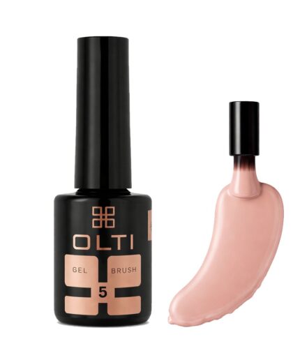 Olti gel brush bottle with a pale pink gel swatch beside it on a white background.