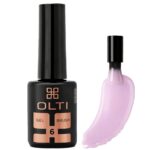 OLTI gel brush bottle with a pink gel swatch beside it on a white background.