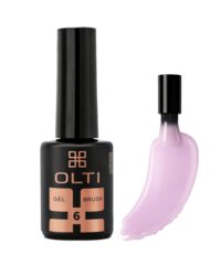 OLTI gel brush bottle with a pink gel swatch beside it on a white background.