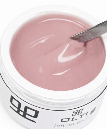 Open container of pink gel nail polish with a metal spatula stirring the glossy gel.