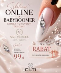 Nail art ad: close-up of a jeweled nail with text in Polish about online babyboomer gel nail course and discounts