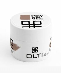 White cylindrical cosmetic jar labeled Poly GEL Natural Skin, OLTI 45 ml, with beige swatch graphic on lid and side graphic details.