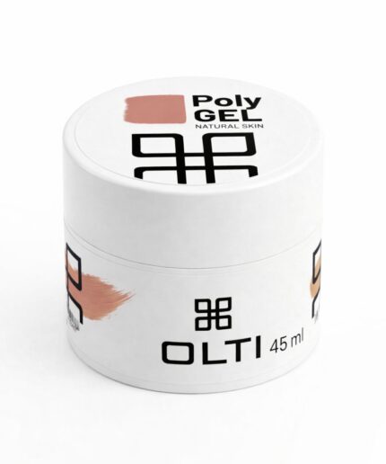 White cosmetic jar with 'OLTI 45 ml' and 'Poly GEL Natural Skin' branding, featuring a peach brush stroke and black abstract logo.