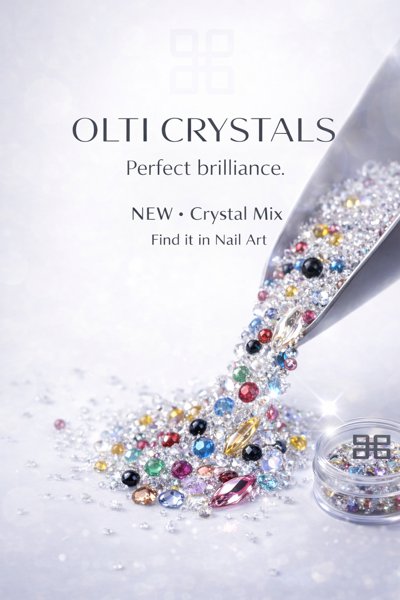 Olti Crystals ad: colorful rhinestones cascade from a scoop onto a glittery surface, with brand name and 'Perfect brilliance'.
