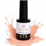 OLTI Hybrid Gel Color nail polish bottle (078) with peach splash around it, white label visible.