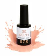 OLTI Hybrid Gel Color nail polish bottle (078) with peach splash around it, white label visible.