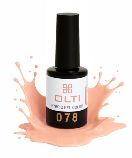 OLTI Hybrid Gel Color nail polish bottle (078) with peach splash around it, white label visible.