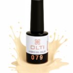 OLTI hybrid gel color nail polish bottle with shade 079, shown with beige splash around it on a white background