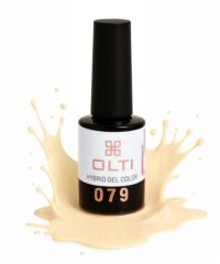 OLTI hybrid gel color nail polish bottle with shade 079, shown with beige splash around it on a white background
